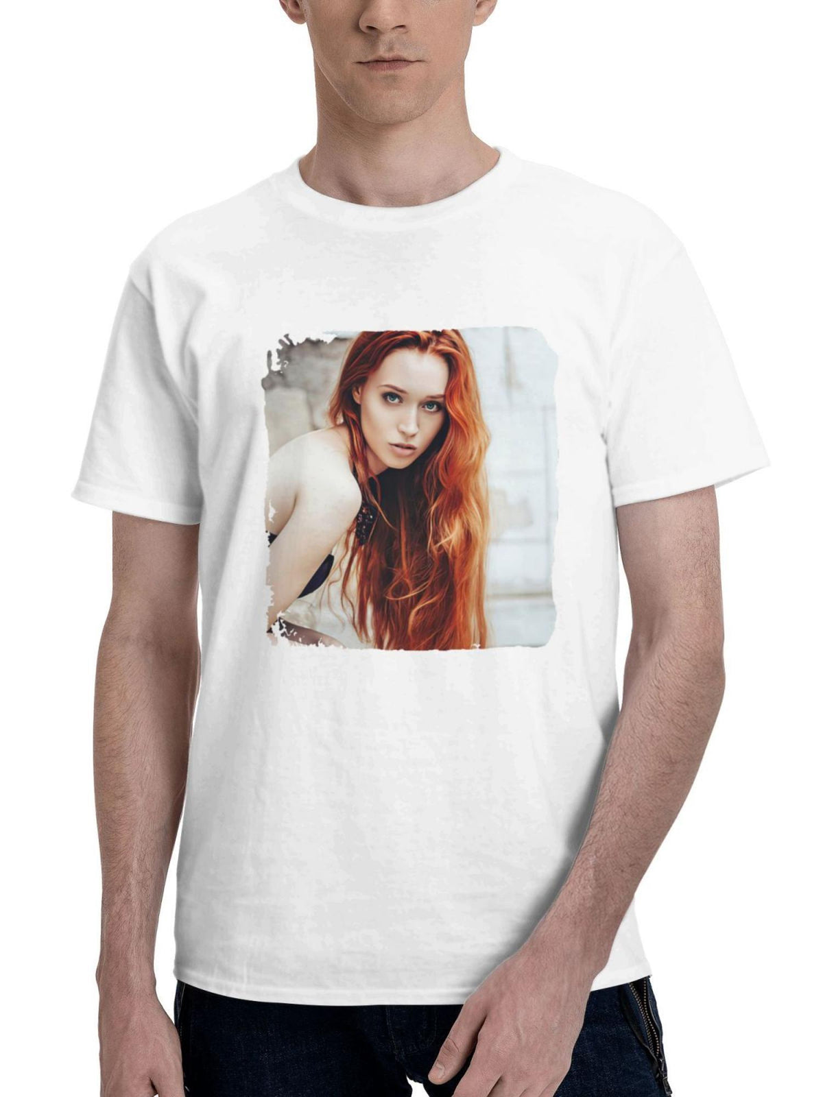 Blonde Girl Leaning On Window 180G 100% Cotton Printed Round Neck Short-Sleeve T-Shirt, Gifts for Men Dad Husband Grandpa, S-XXXL, White