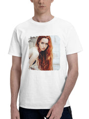 Blonde Girl Leaning On Window 180G 100% Cotton Printed Round Neck Short-Sleeve T-Shirt, Gifts for Men Dad Husband Grandpa, S-XXXL, White