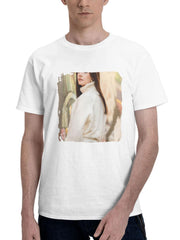 Blonde Girl Looking Back At Camera Man 180G 100% Cotton Printed Round Neck Short-Sleeve T-Shirt, Gifts for Men Dad Husband Grandpa, S-XXXL, White