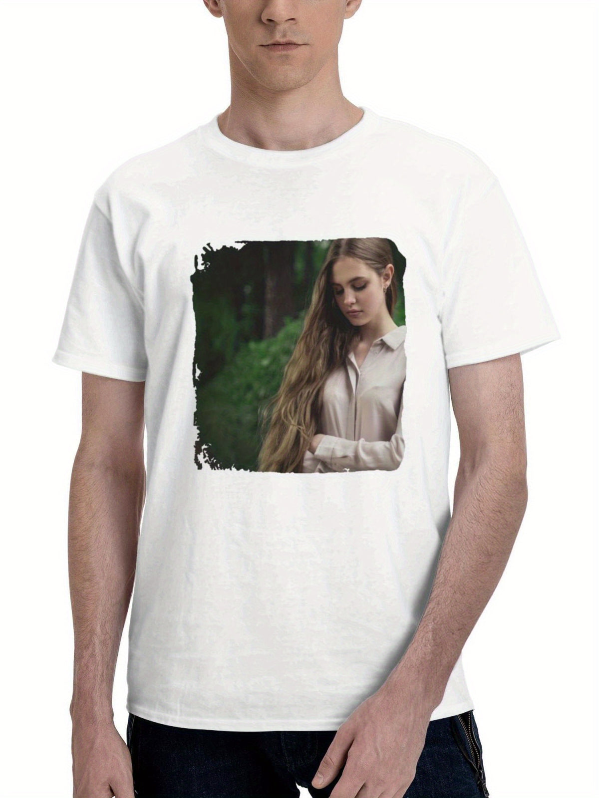 Blonde Girl Lost In Thought 180G 100% Cotton Printed Round Neck Short-Sleeve T-Shirt, Gifts for Men Dad Husband Grandpa, S-XXXL, White