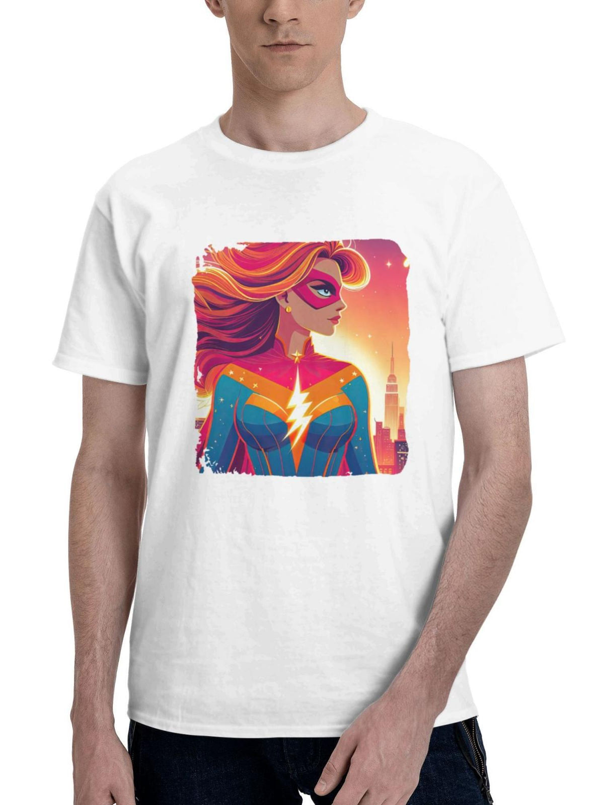 Captain Marvel Radiant Avenger 180G 100% Cotton Printed Round Neck Short-Sleeve T-Shirt, Gifts for Men Dad Husband Grandpa, S-XXXL, White