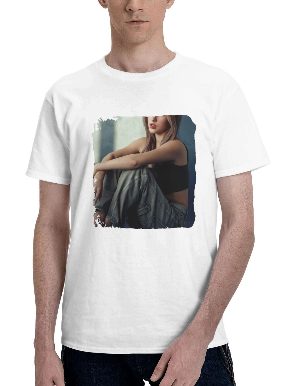 Blonde Girl Sitting Indoor Legs Crossed 180G 100% Cotton Printed Round Neck Short-Sleeve T-Shirt, Gifts for Men Dad Husband Grandpa, S-XXXL, White