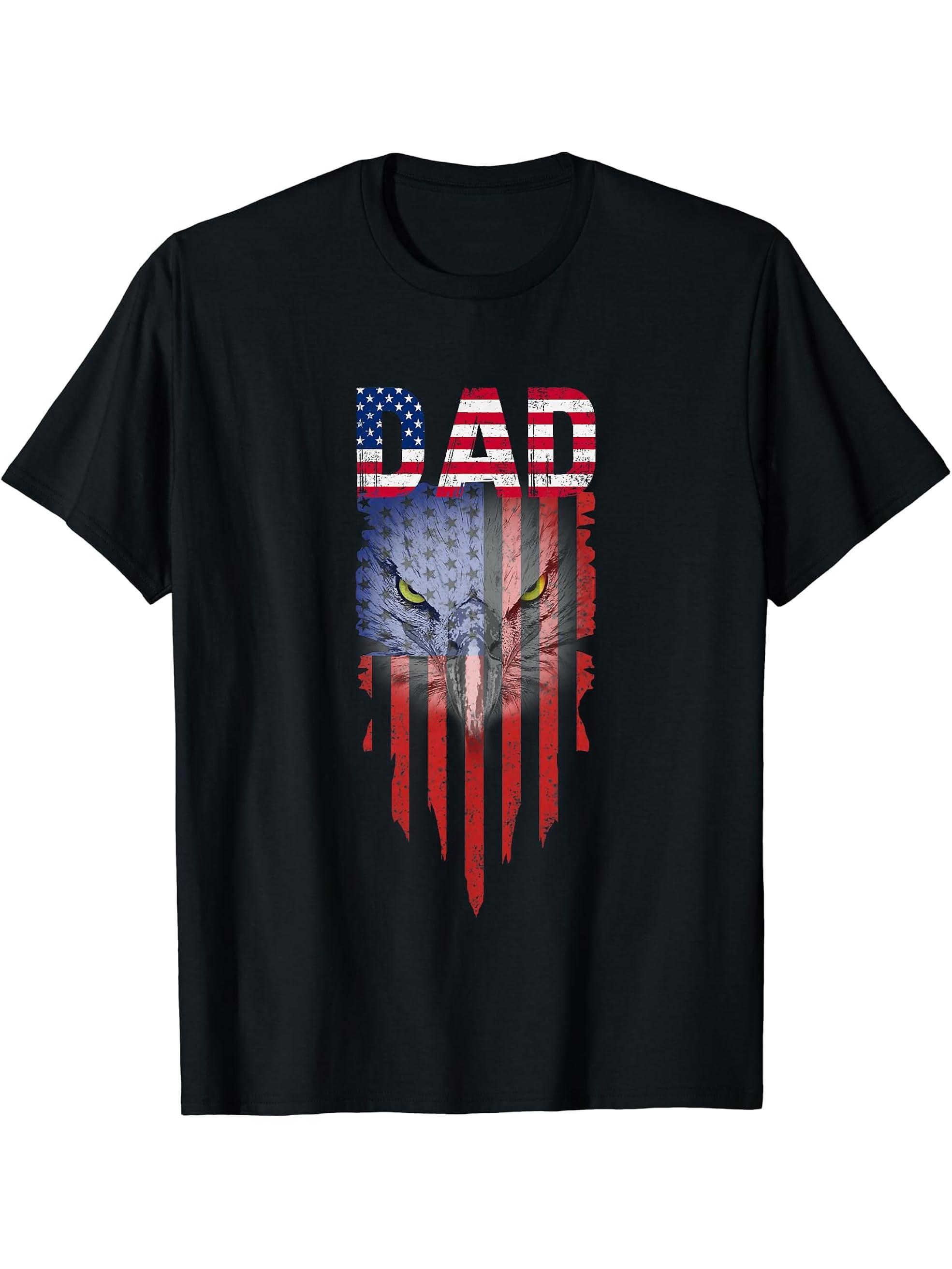 Dad Vintage USA Flag Bald Eagle Patriotic 4th of July T-Shirt 180G 100% Cotton Printed Round Neck Short-Sleeve T-Shirt, Gifts for Men Dad Husband Grandpa, S-XXXL, Black