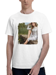 Blonde Girl White Dress Sitting At Pond 180G 100% Cotton Printed Round Neck Short-Sleeve T-Shirt, Gifts for Men Dad Husband Grandpa, S-XXXL, White