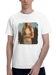 Blonde Girl White Dress Sunrays On Face 180G 100% Cotton Printed Round Neck Short-Sleeve T-Shirt, Gifts for Men Dad Husband Grandpa, S-XXXL, White