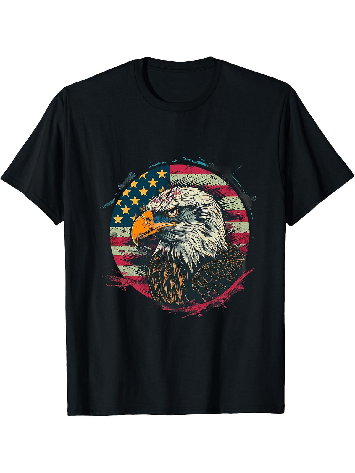 Fourth Of July American Flag Bald Eagle 4th Of July America T-Shirt 180G 100% Cotton Printed Round Neck Short-Sleeve T-Shirt, Gifts for Men Dad Husband Grandpa, S-XXXL, Black