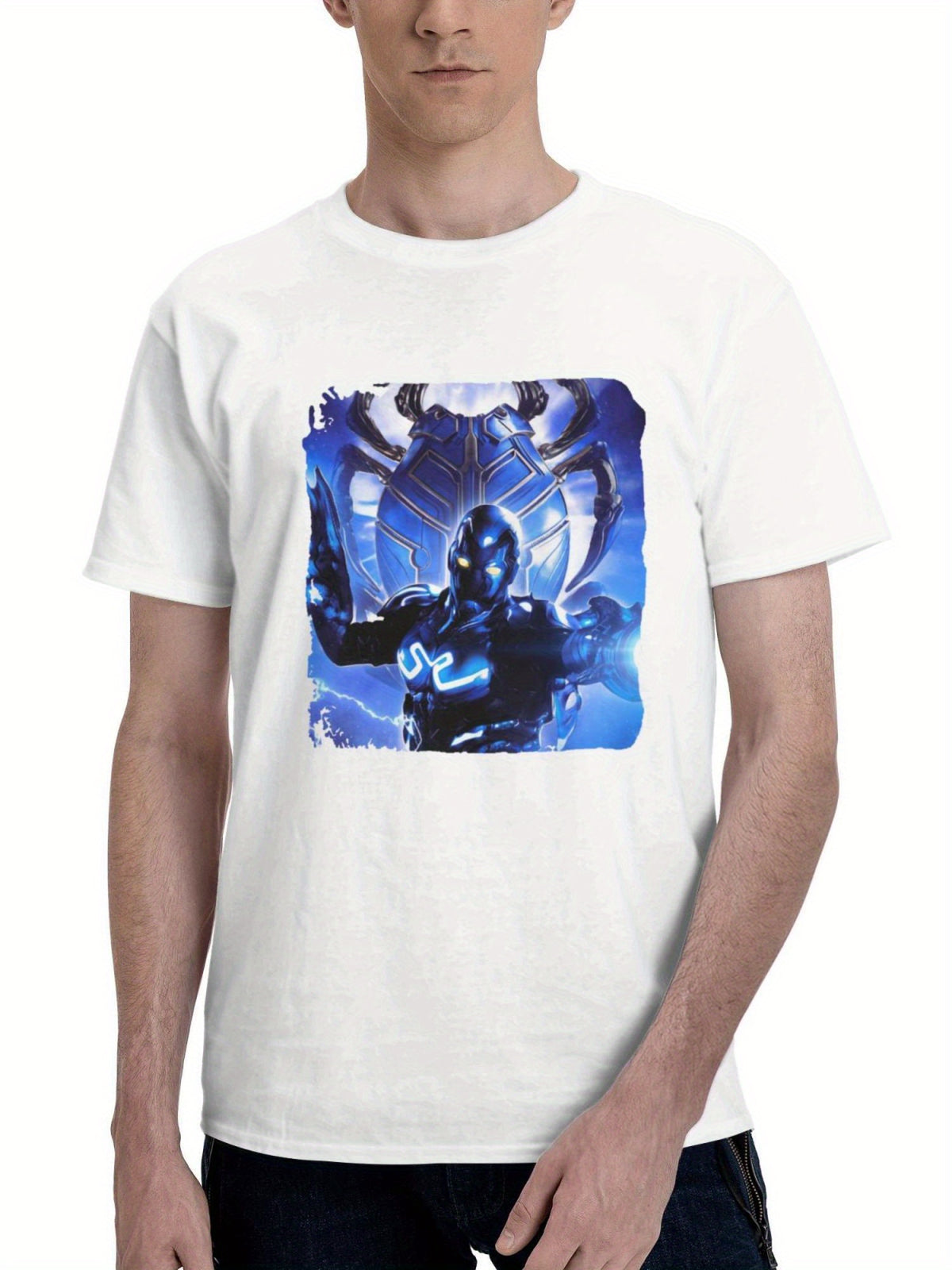 Blue Beetle 2023 Movie Artwork 180G 100% Cotton Printed Round Neck Short-Sleeve T-Shirt, Gifts for Men Dad Husband Grandpa, S-XXXL, White