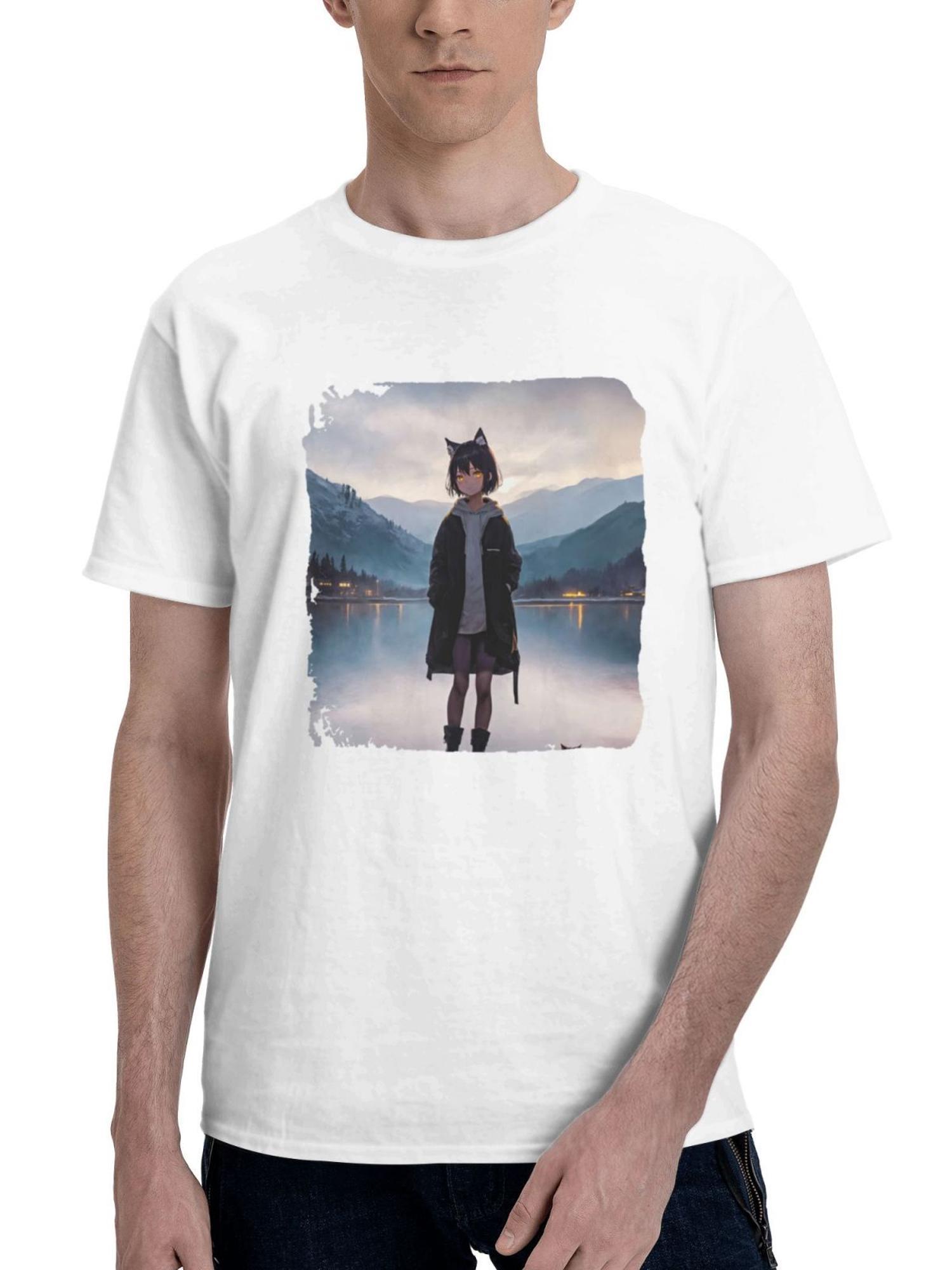 Cat Girl Lake Trees White Hoodie Mountains 10k 180G 100% Cotton Printed Round Neck Short-Sleeve T-Shirt, Gifts for Men Dad Husband Grandpa, S-XXXL, White