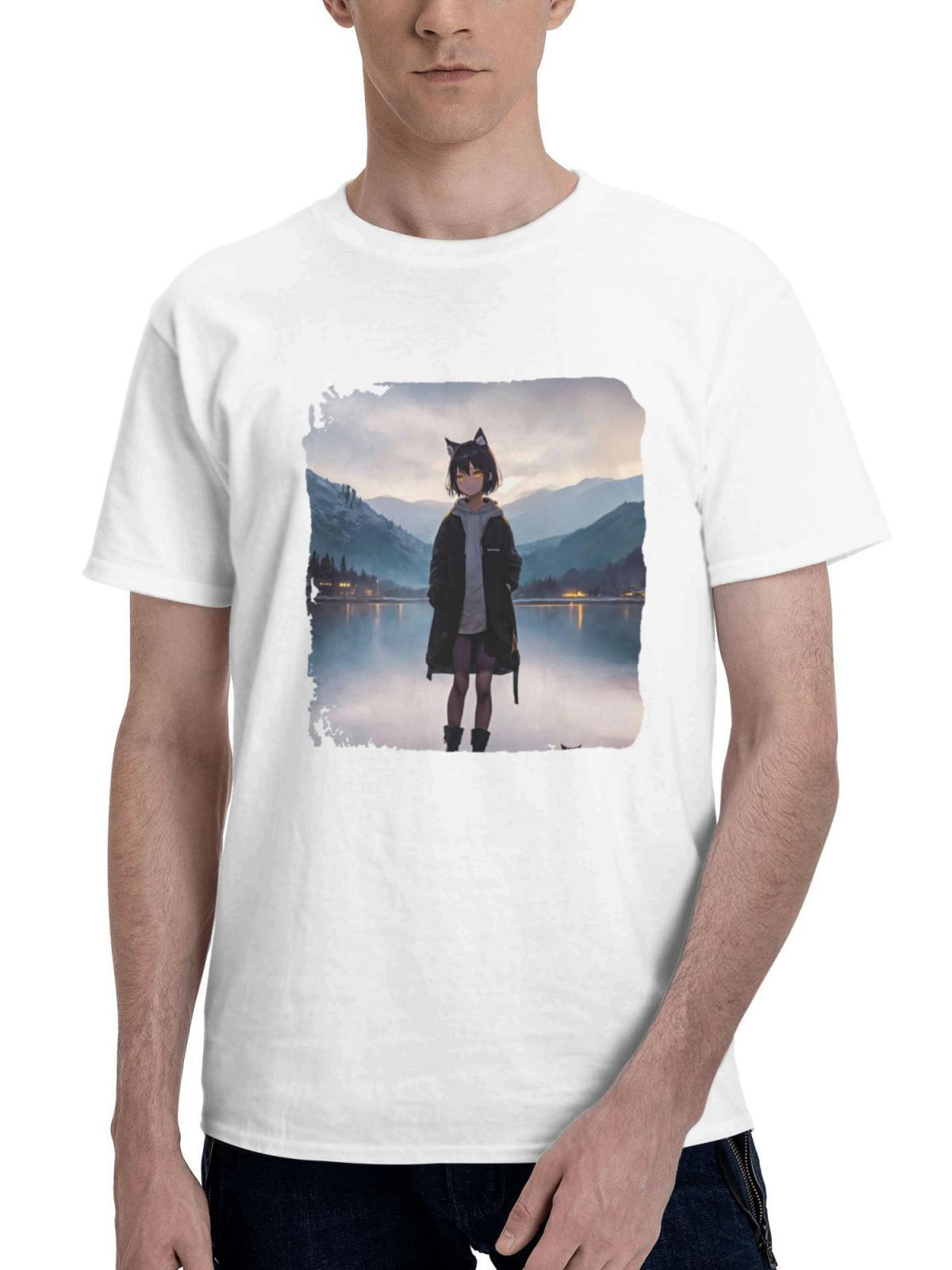 Cat Girl Lake Trees White Hoodie Mountains 10k 180G 100% Cotton Printed Round Neck Short-Sleeve T-Shirt, Gifts for Men Dad Husband Grandpa, S-XXXL, White