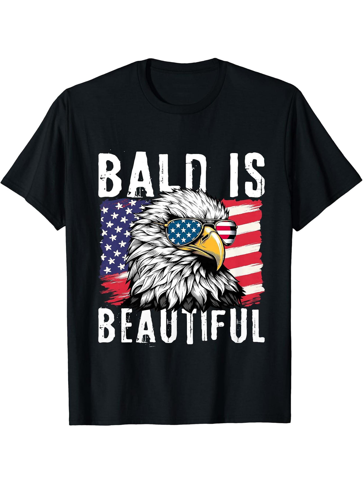 Bald Is Beautiful 4th of July Independence Day Bald Eagle T-Shirt 180G 100% Cotton Printed Round Neck Short-Sleeve T-Shirt, Gifts for Men Dad Husband Grandpa, S-XXXL, Black