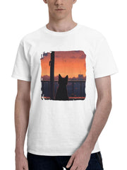 Cat Lofi Looking Outside 180G 100% Cotton Printed Round Neck Short-Sleeve T-Shirt, Gifts for Men Dad Husband Grandpa, S-XXXL, White