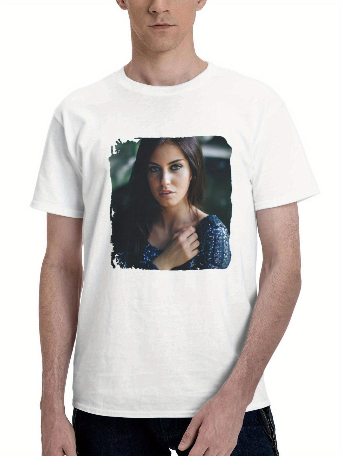 Blue Eyes Girl In Blue Shining Dress 180G 100% Cotton Printed Round Neck Short-Sleeve T-Shirt, Gifts for Men Dad Husband Grandpa, S-XXXL, White