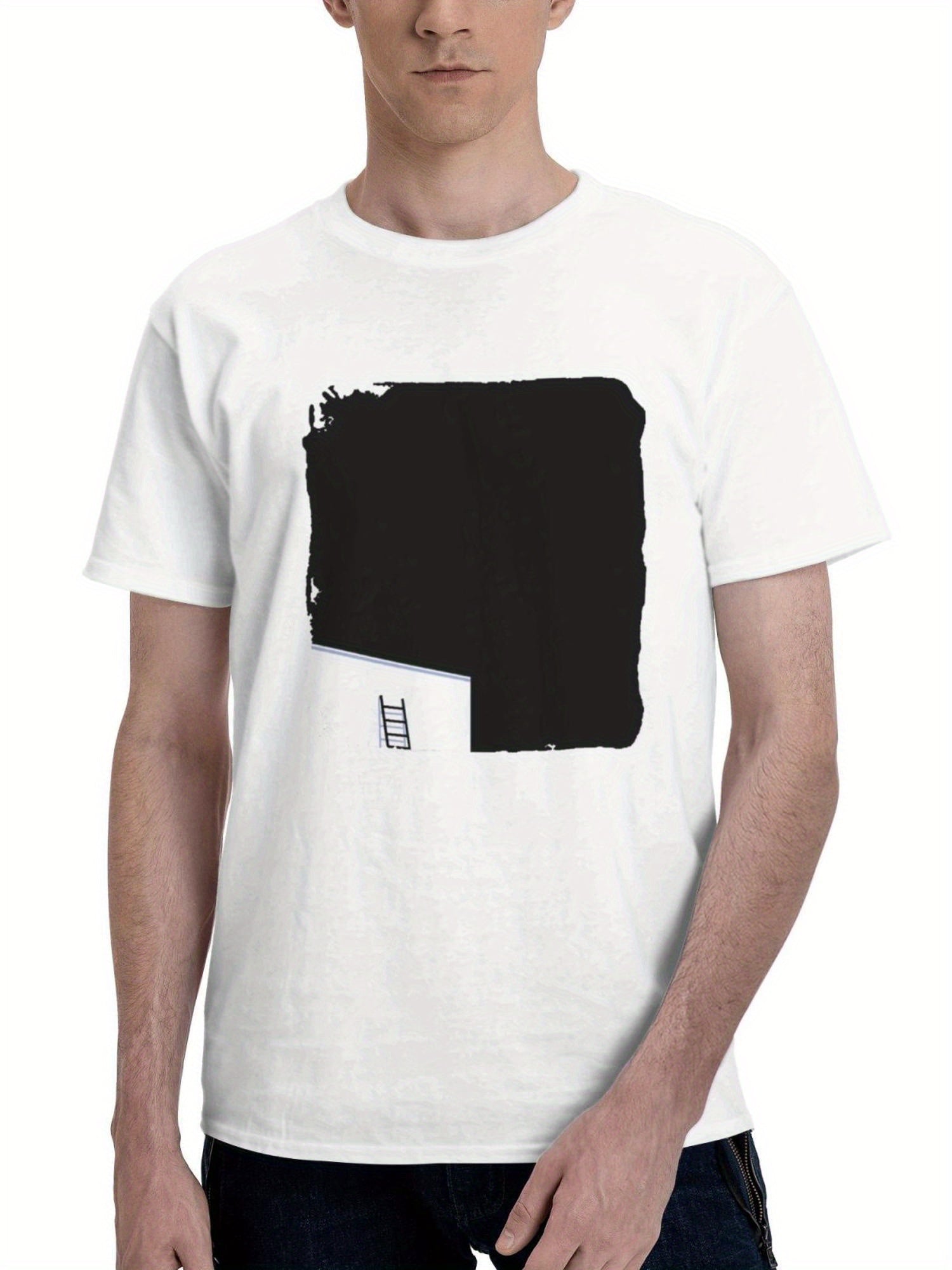 Cat Rooftop Minimal Dark 180G 100% Cotton Printed Round Neck Short-Sleeve T-Shirt, Gifts for Men Dad Husband Grandpa, S-XXXL, White