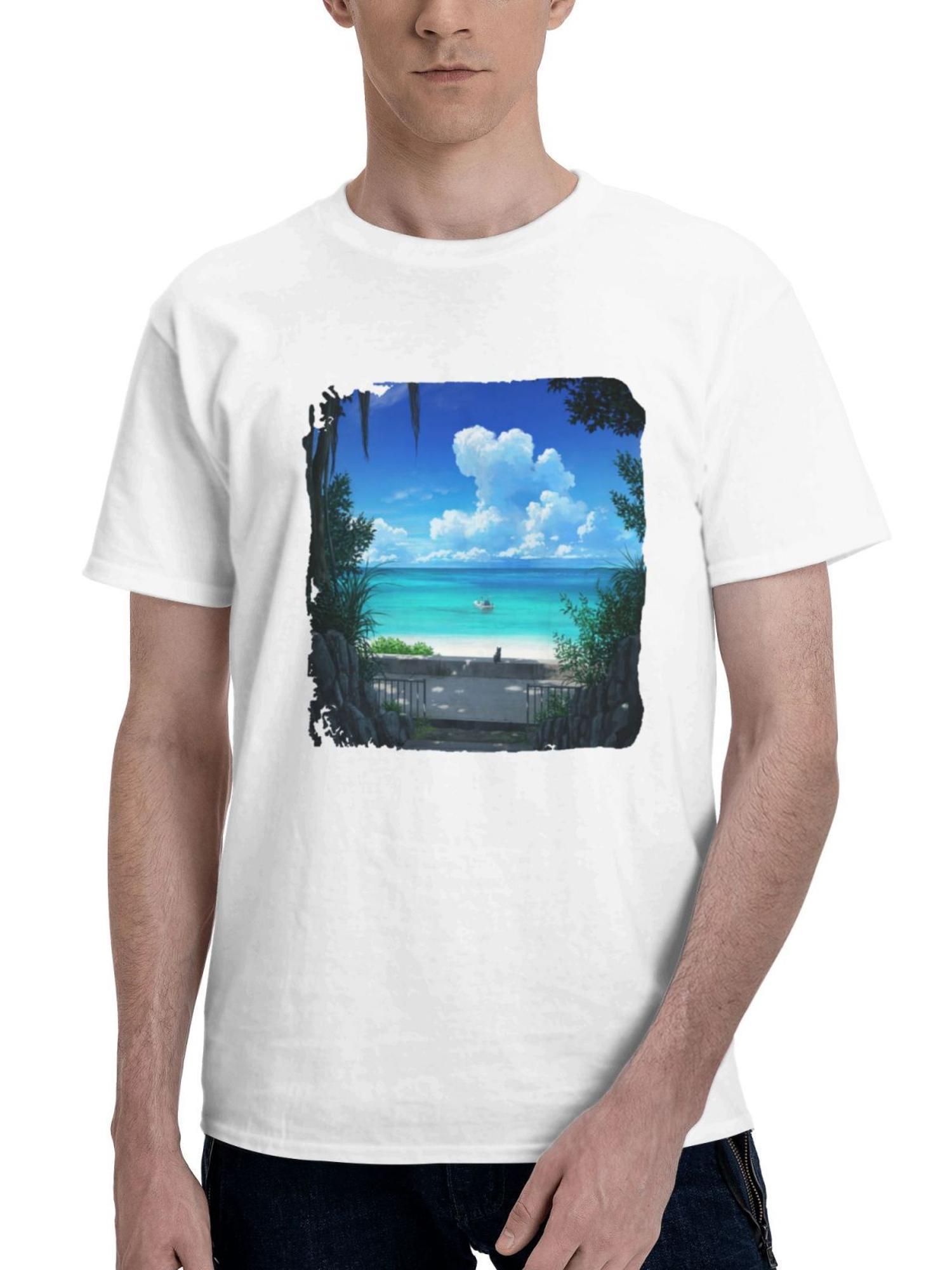 Cat Watching The Nature Beach 180G 100% Cotton Printed Round Neck Short-Sleeve T-Shirt, Gifts for Men Dad Husband Grandpa, S-XXXL, White