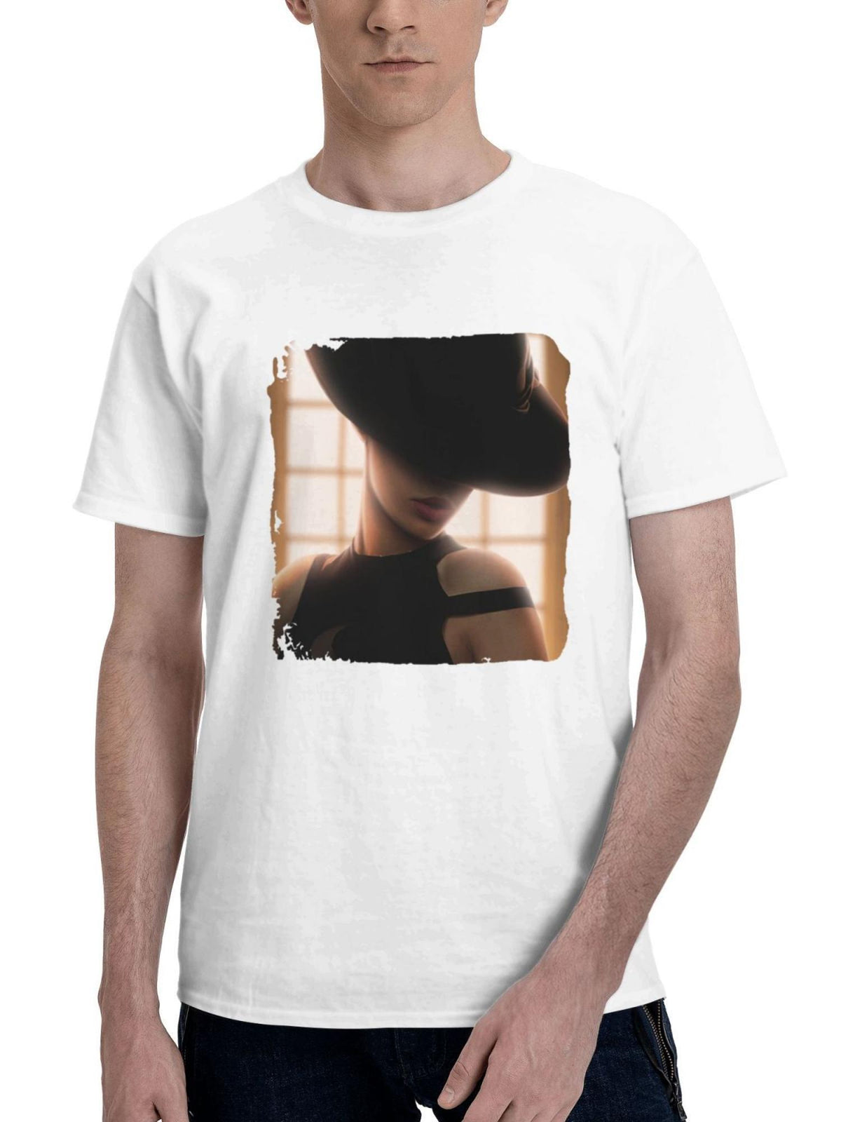 Classic Girl With Hat 180G 100% Cotton Printed Round Neck Short-Sleeve T-Shirt, Gifts for Men Dad Husband Grandpa, S-XXXL, White