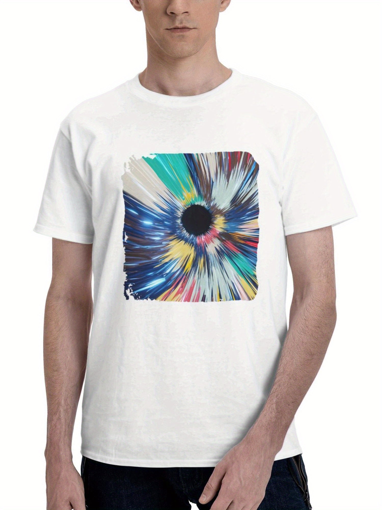 Colorful Digital Abstract 180G 100% Cotton Printed Round Neck Short-Sleeve T-Shirt, Gifts for Men Dad Husband Grandpa, S-XXXL, White