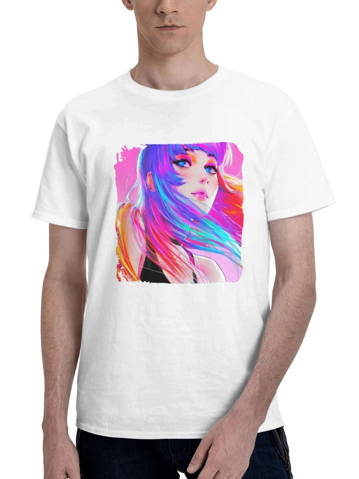 Colorful Hair 180G 100% Cotton Printed Round Neck Short-Sleeve T-Shirt, Gifts for Men Dad Husband Grandpa, S-XXXL, White