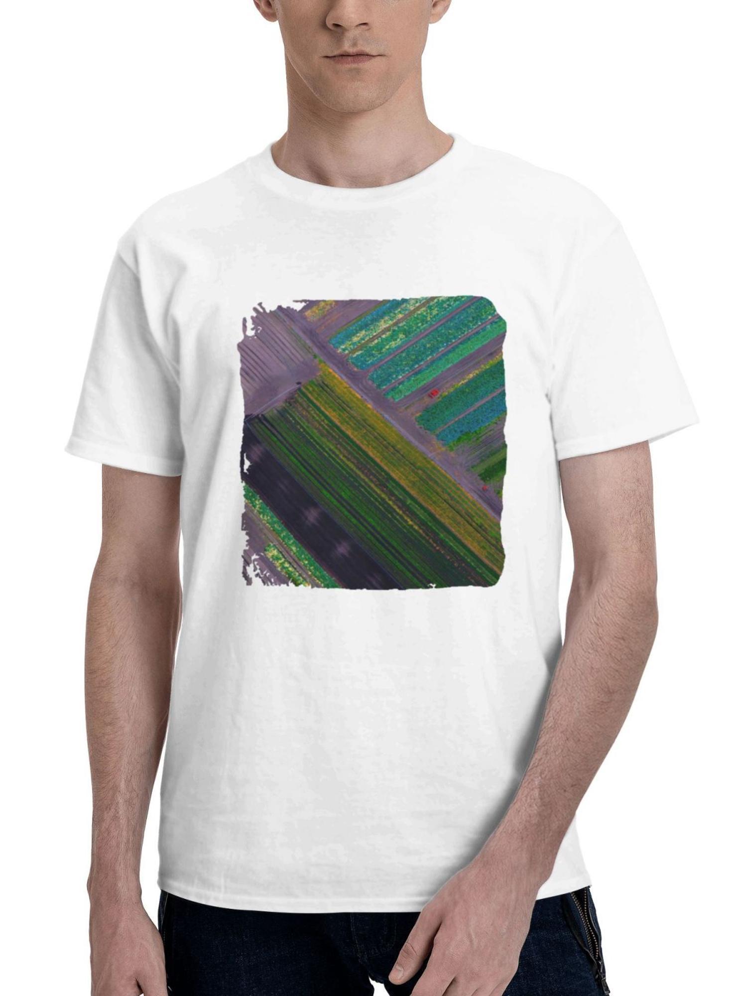 Colorful Fields Aerial View 180G 100% Cotton Printed Round Neck Short-Sleeve T-Shirt, Gifts for Men Dad Husband Grandpa, S-XXXL, White