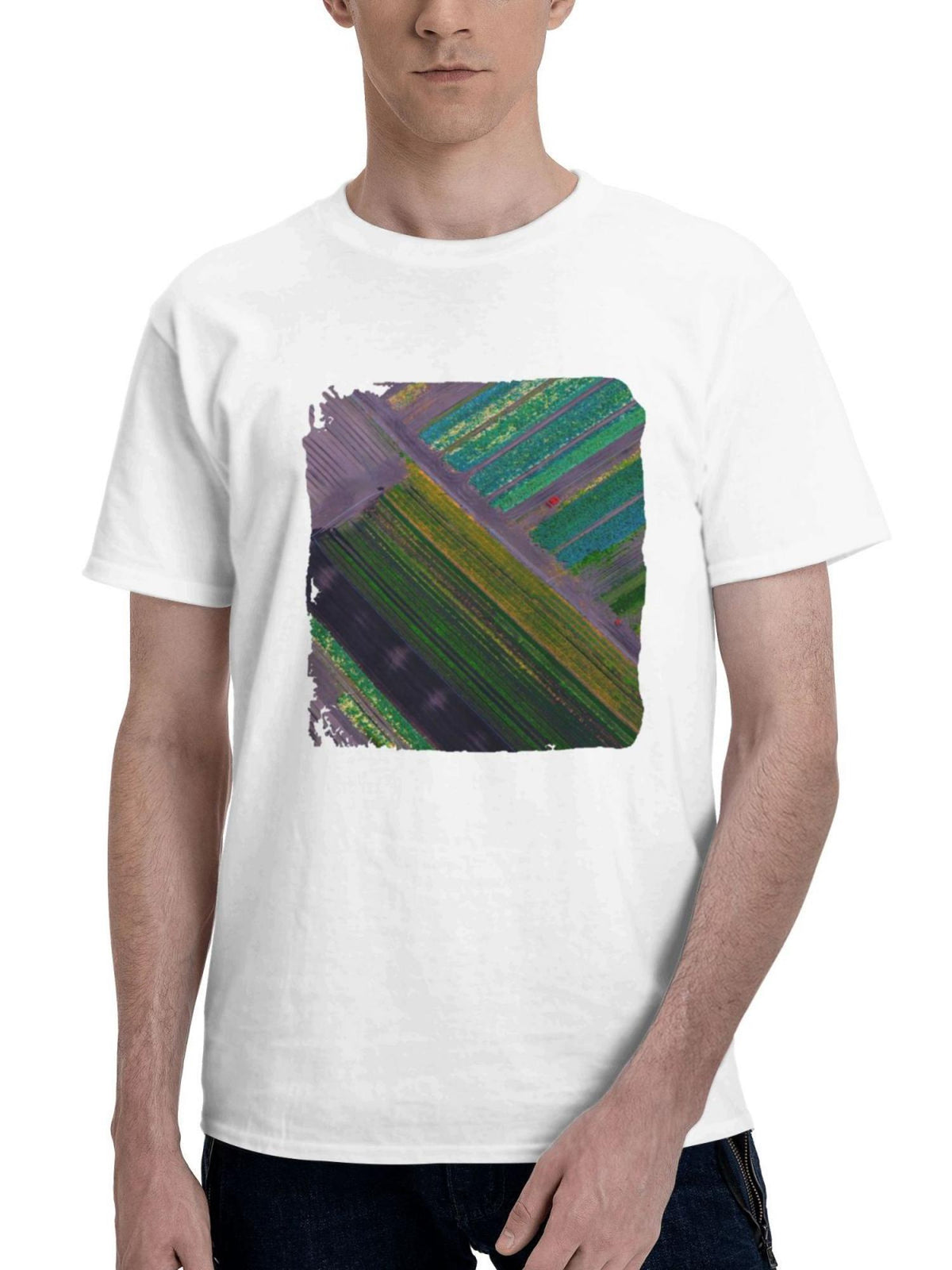 Colorful Fields Aerial View 180G 100% Cotton Printed Round Neck Short-Sleeve T-Shirt, Gifts for Men Dad Husband Grandpa, S-XXXL, White