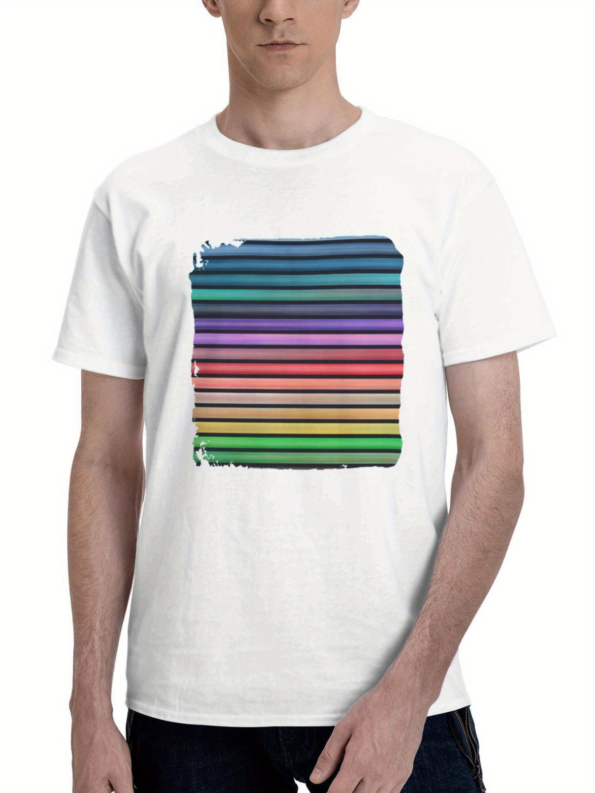 Colorful Pipes Lines Abstract 180G 100% Cotton Printed Round Neck Short-Sleeve T-Shirt, Gifts for Men Dad Husband Grandpa, S-XXXL, White
