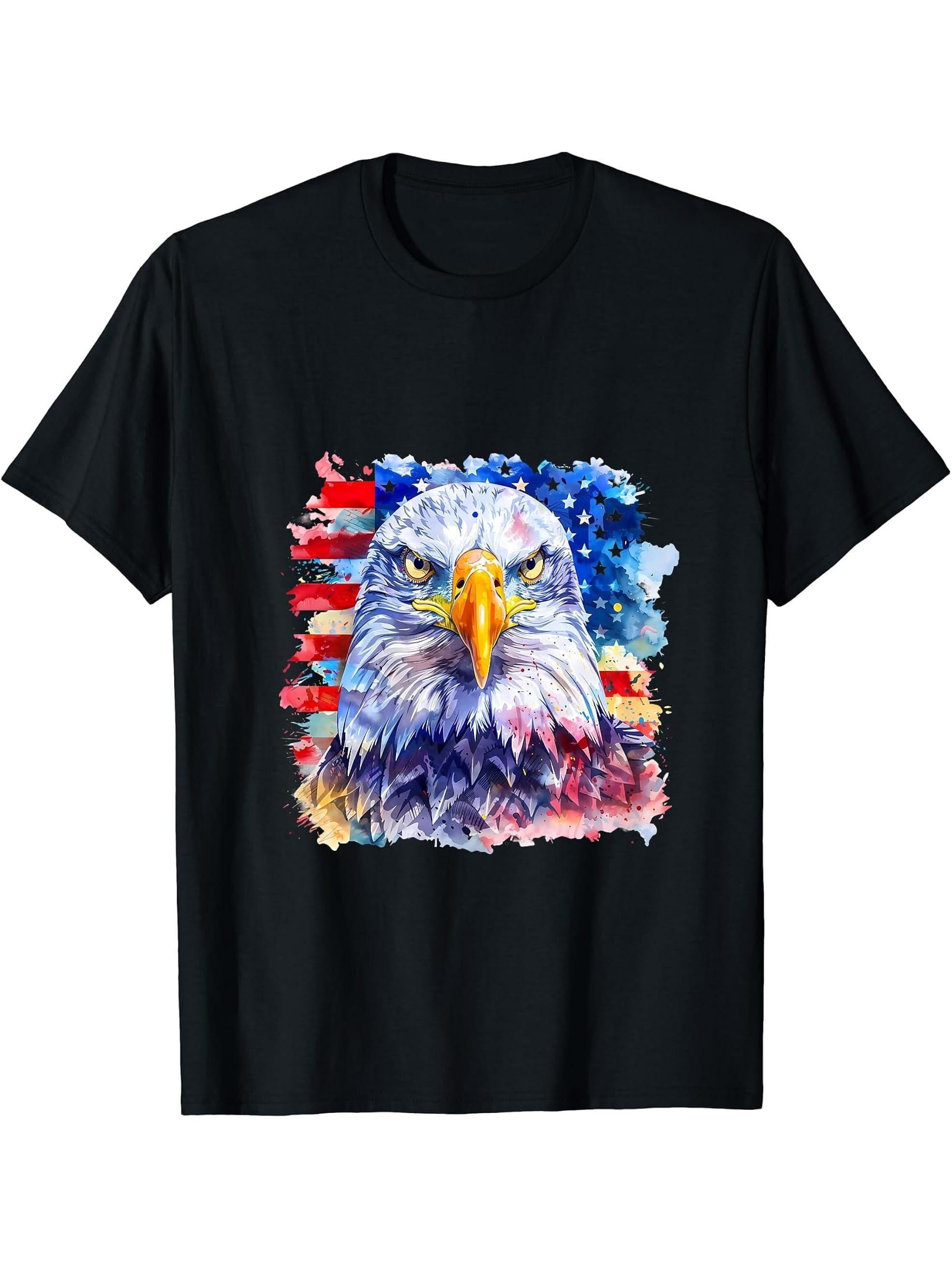 Fourth Of July Patriotic America 4th Of July USA Bald Eagle T-Shirt 180G 100% Cotton Printed Round Neck Short-Sleeve T-Shirt, Gifts for Men Dad Husband Grandpa, S-XXXL, Black