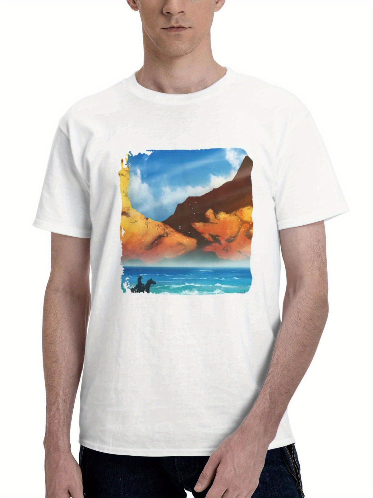 Cowboy In Wild West 180G 100% Cotton Printed Round Neck Short-Sleeve T-Shirt, Gifts for Men Dad Husband Grandpa, S-XXXL, White