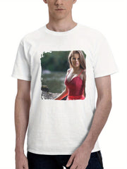 A Girl In A Vibrant Dress Soaking In The Refreshing Waters Of The Lake 180G 100% Cotton Printed Round Neck Short-Sleeve T-Shirt, Gifts for Men Dad Husband Grandpa, S-XXXL, White