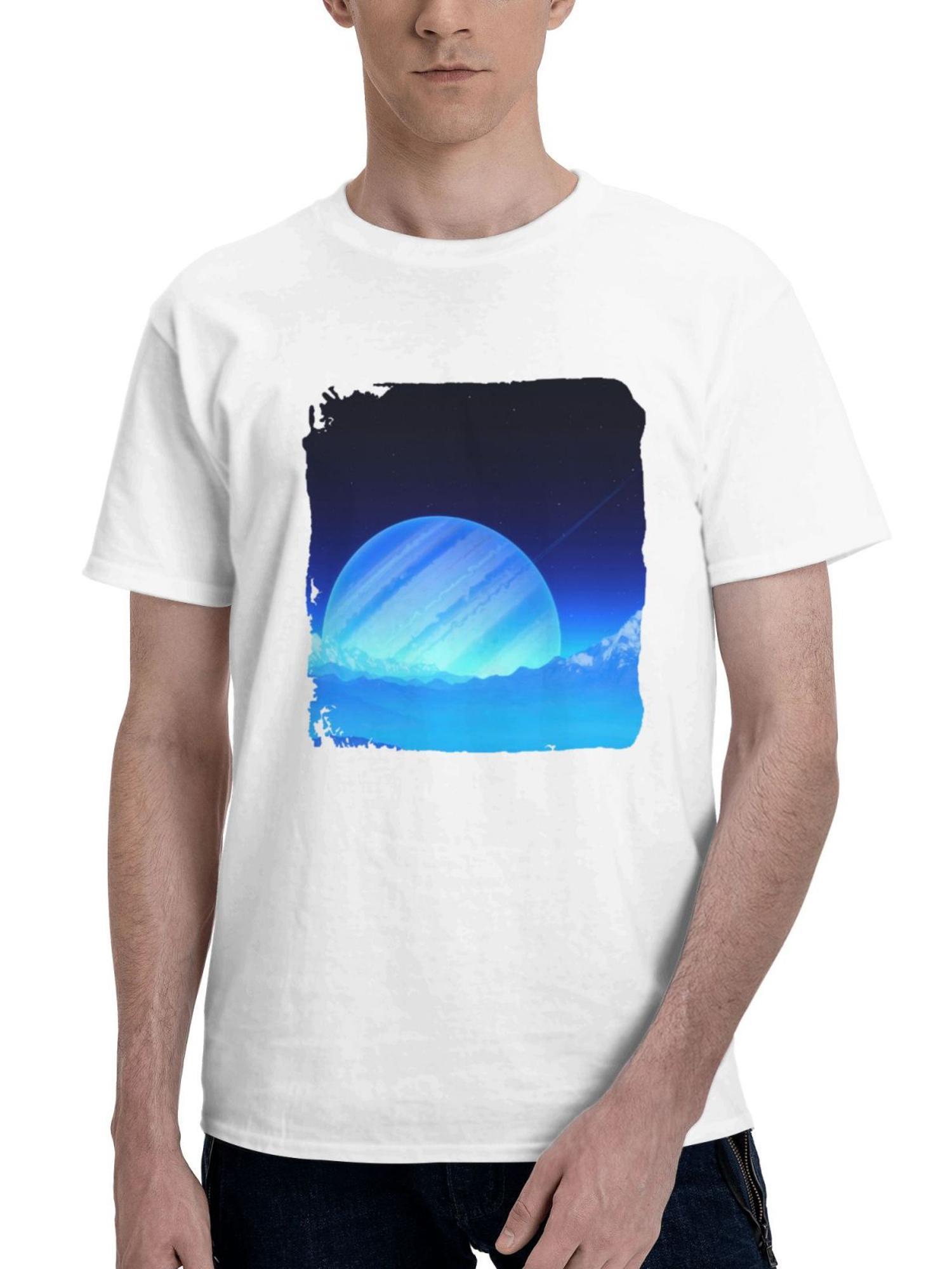 A Moon With A Scenic View Of Its Ringed Planet 180G 100% Cotton Printed Round Neck Short-Sleeve T-Shirt, Gifts for Men Dad Husband Grandpa, S-XXXL, White