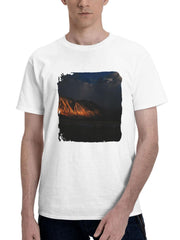 A Mountain Range At Night 180G 100% Cotton Printed Round Neck Short-Sleeve T-Shirt, Gifts for Men Dad Husband Grandpa, S-XXXL, White