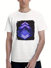 A Purple 3d Cube On A Black Background 180G 100% Cotton Printed Round Neck Short-Sleeve T-Shirt, Gifts for Men Dad Husband Grandpa, S-XXXL, White