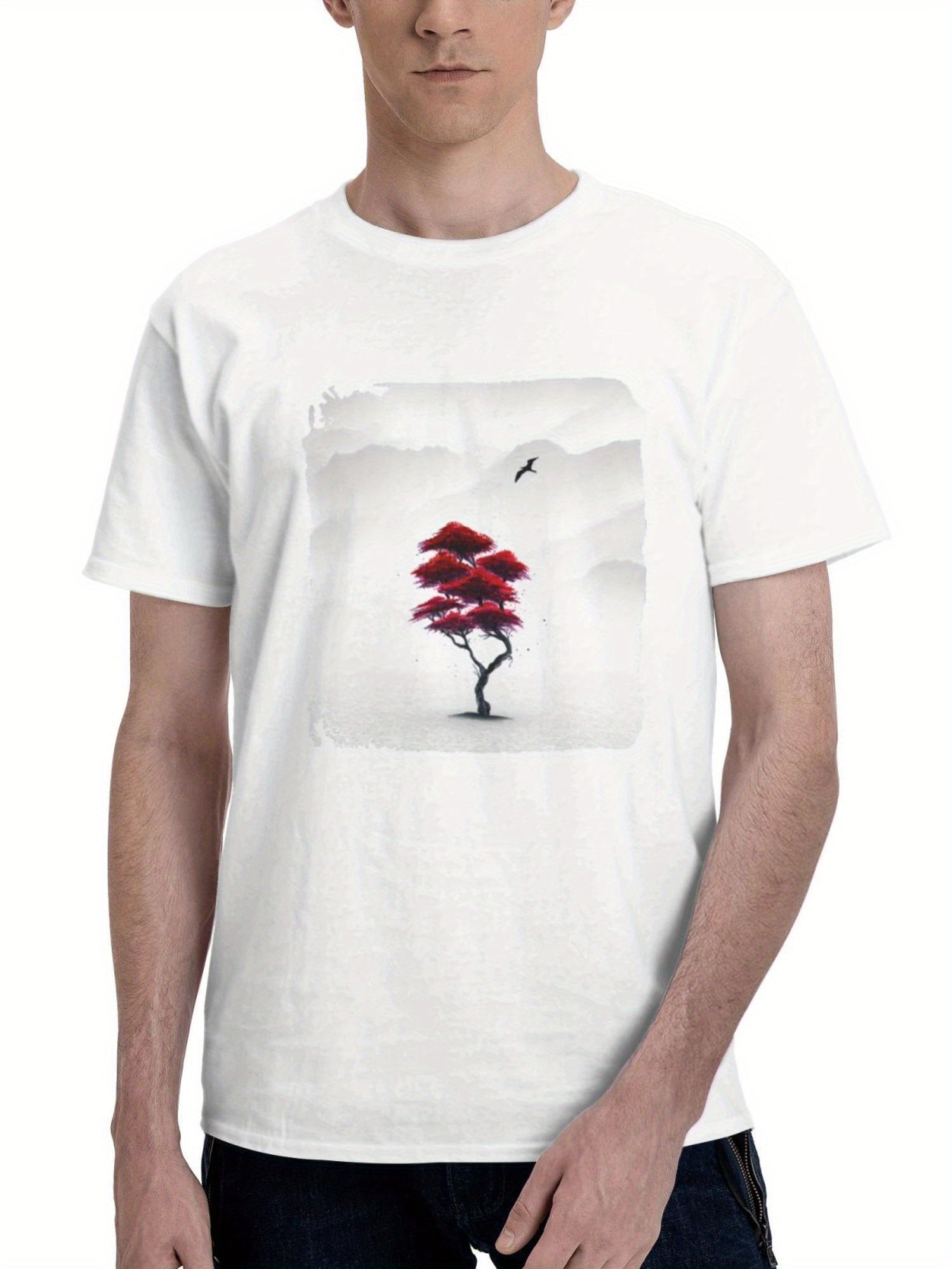 A Red Plant In Monochrome Serenity 180G 100% Cotton Printed Round Neck Short-Sleeve T-Shirt, Gifts for Men Dad Husband Grandpa, S-XXXL, White