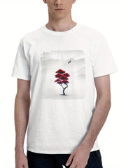 A Red Plant In Monochrome Serenity 180G 100% Cotton Printed Round Neck Short-Sleeve T-Shirt, Gifts for Men Dad Husband Grandpa, S-XXXL, White