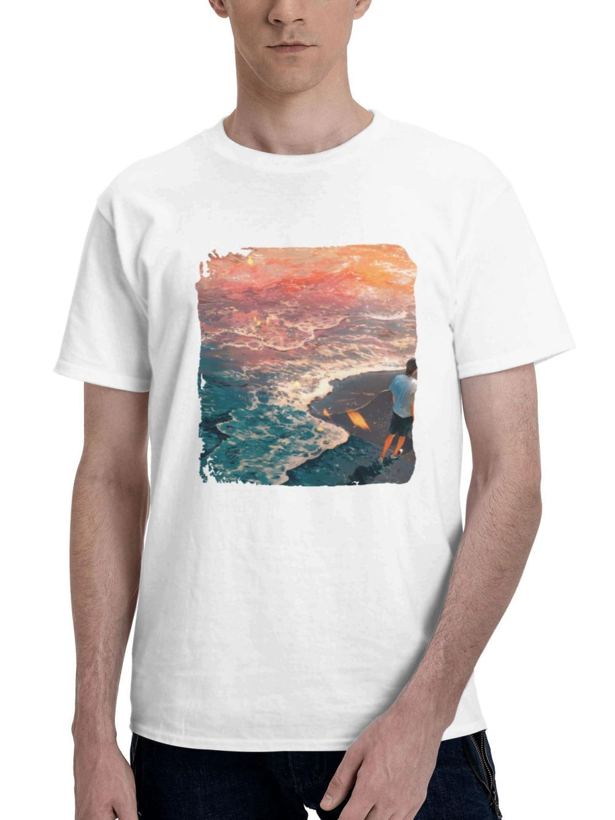 A Romantic Walk By The Sea 180G 100% Cotton Printed Round Neck Short-Sleeve T-Shirt, Gifts for Men Dad Husband Grandpa, S-XXXL, White