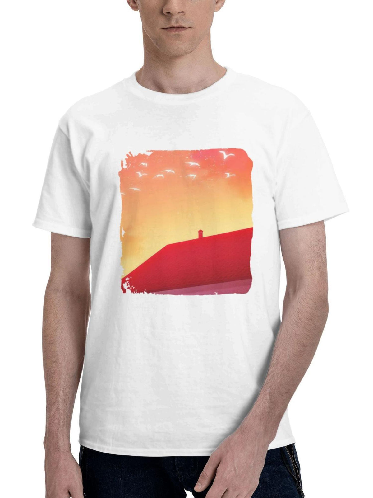 A Rooftop Retreat With Furry Friend 180G 100% Cotton Printed Round Neck Short-Sleeve T-Shirt, Gifts for Men Dad Husband Grandpa, S-XXXL, White