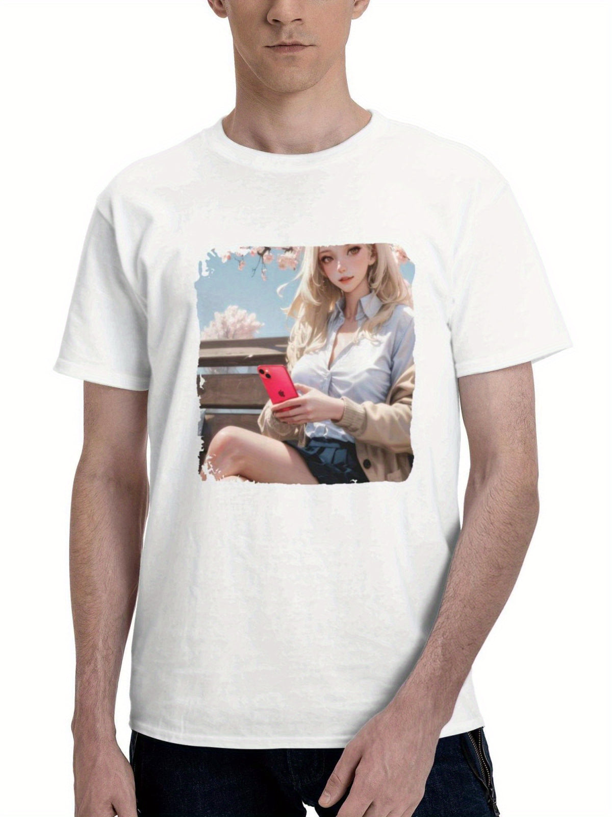 A Schoolgirl S Restful Moment With Smartphone In Cherry Blossom Whispers 180G 100% Cotton Printed Round Neck Short-Sleeve T-Shirt, Gifts for Men Dad Husband Grandpa, S-XXXL, White