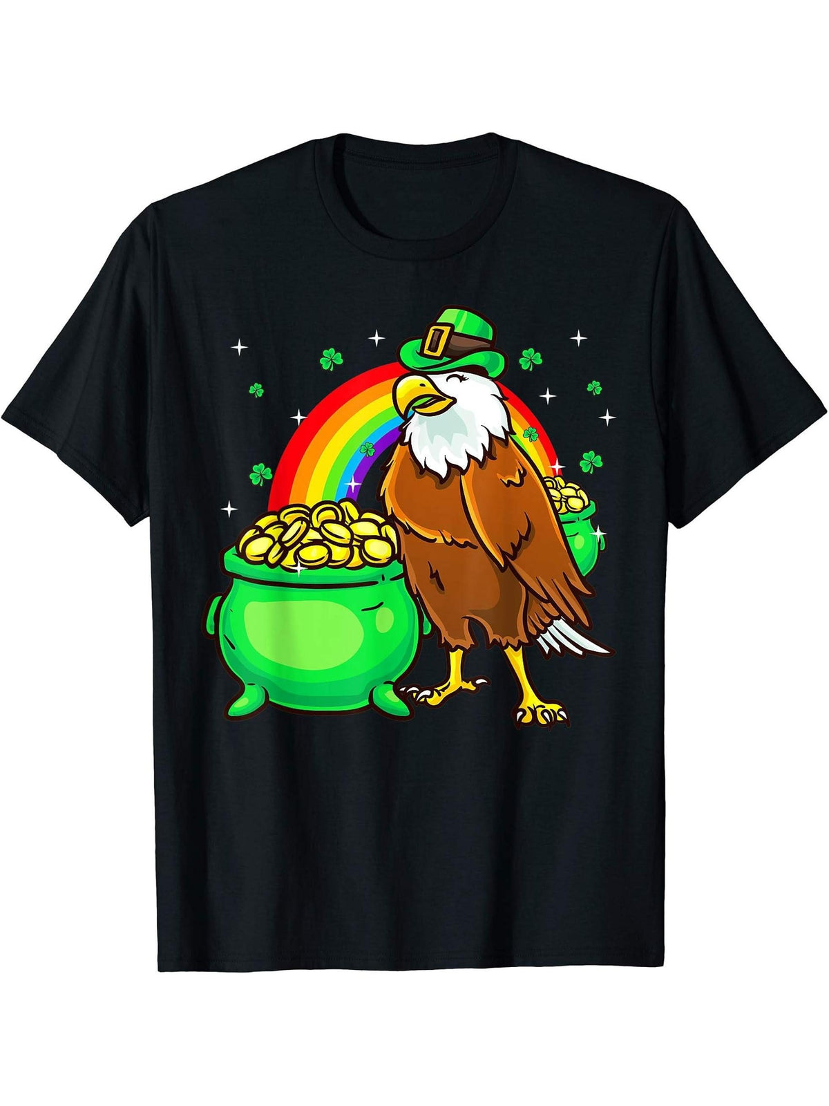 American Bald Eagle Leprechaun Funny St Patricks Day T-Shirt 180G 100% Cotton Printed Round Neck Short-Sleeve T-Shirt, Gifts for Men Dad Husband Grandpa, S-XXXL, Black