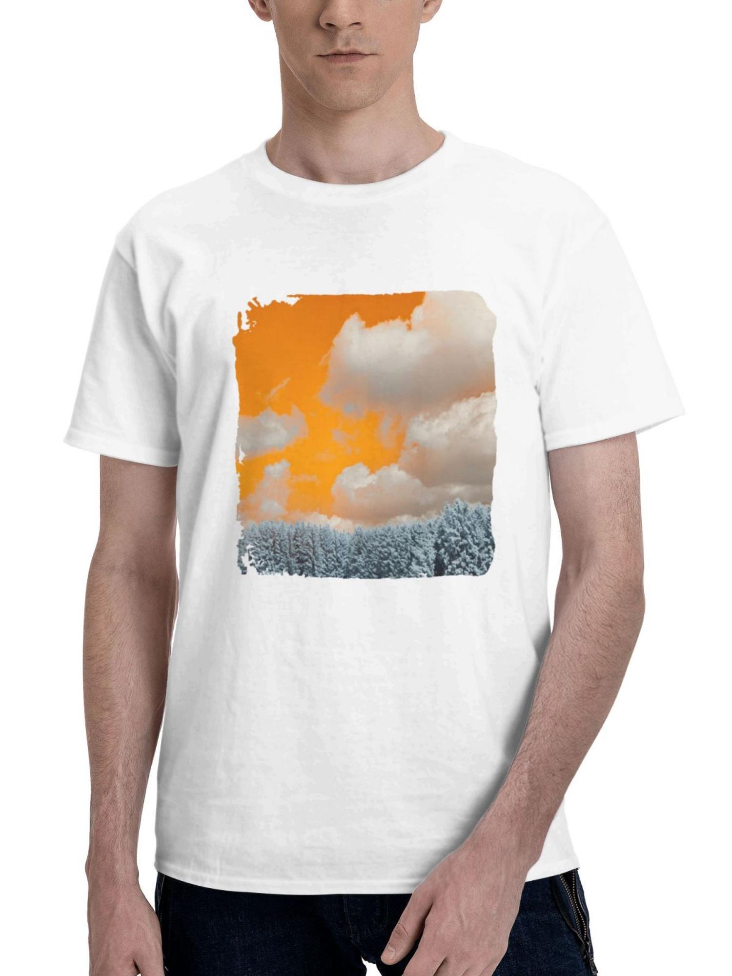 A Snow Covered Field With Trees Under A Cloudy Sky 180G 100% Cotton Printed Round Neck Short-Sleeve T-Shirt, Gifts for Men Dad Husband Grandpa, S-XXXL, White