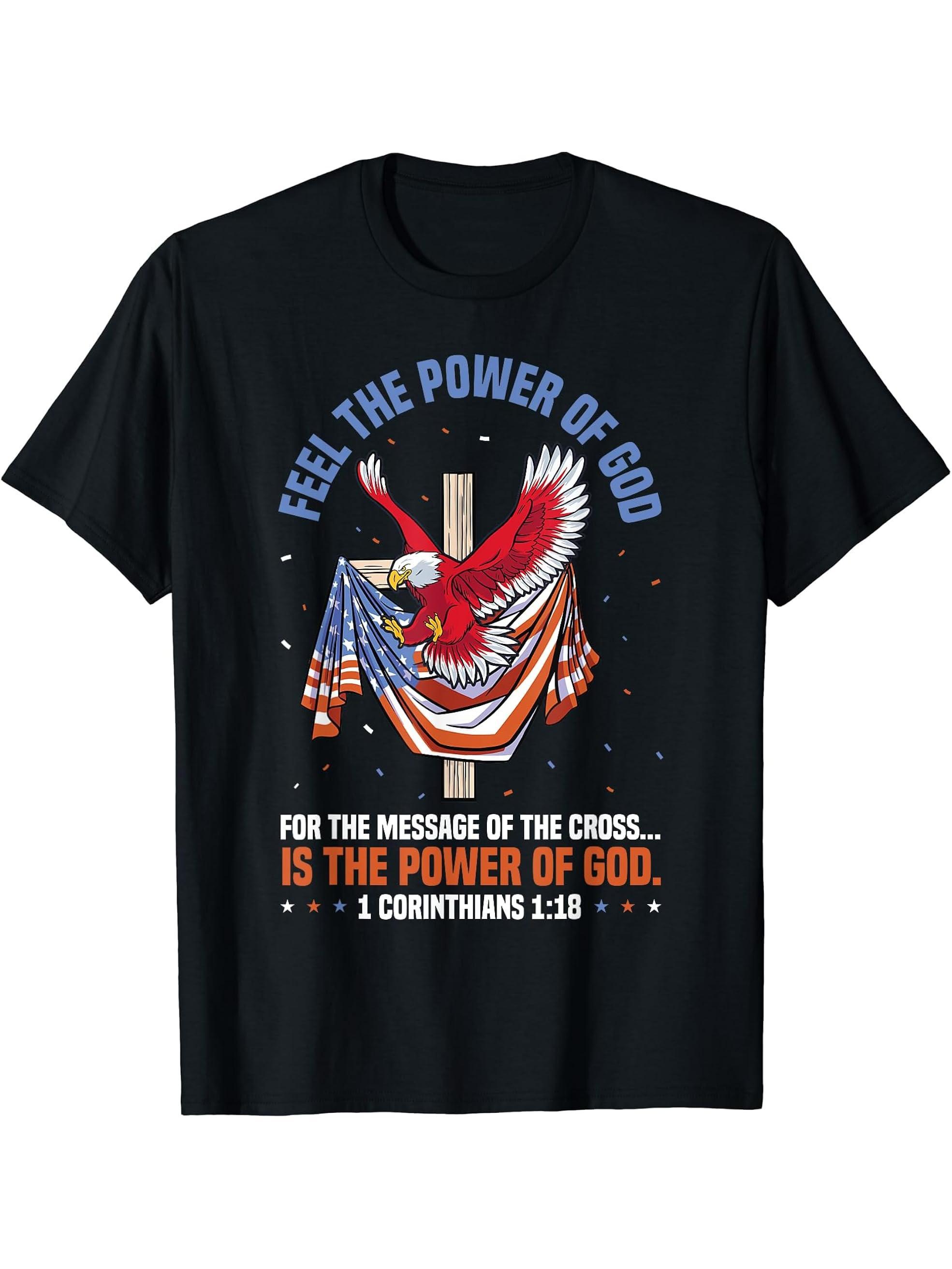 Feel The Power Of God Eagle Flag USA Christian Patriot Bald T-Shirt 180G 100% Cotton Printed Round Neck Short-Sleeve T-Shirt, Gifts for Men Dad Husband Grandpa, S-XXXL, Black