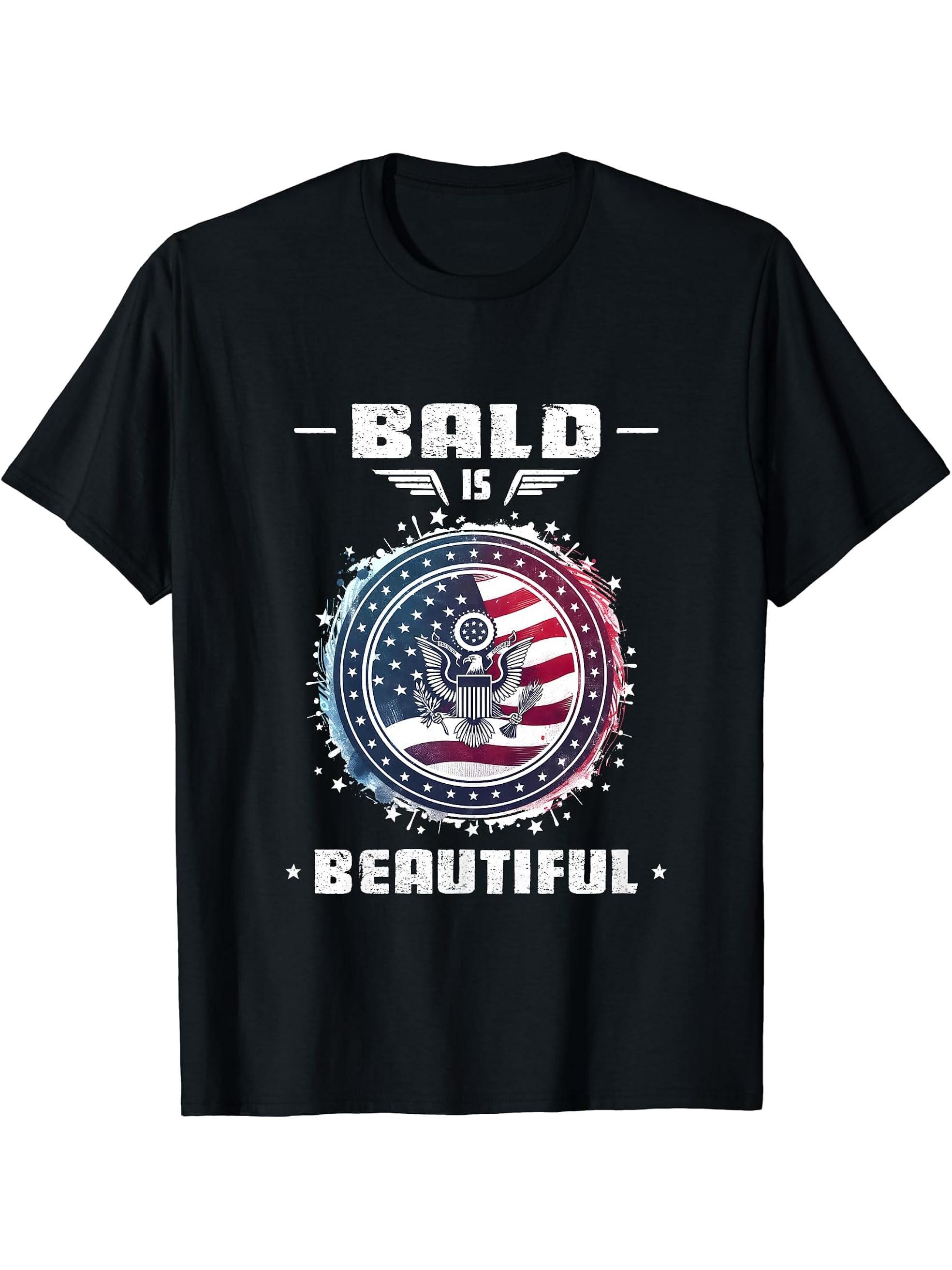 Bald Is Beautiful USA American Flag 4th of July Bald Eagle T-Shirt 180G 100% Cotton Printed Round Neck Short-Sleeve T-Shirt, Gifts for Men Dad Husband Grandpa, S-XXXL, Black
