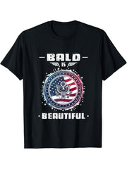 Bald Is Beautiful USA American Flag 4th of July Bald Eagle T-Shirt 180G 100% Cotton Printed Round Neck Short-Sleeve T-Shirt, Gifts for Men Dad Husband Grandpa, S-XXXL, Black