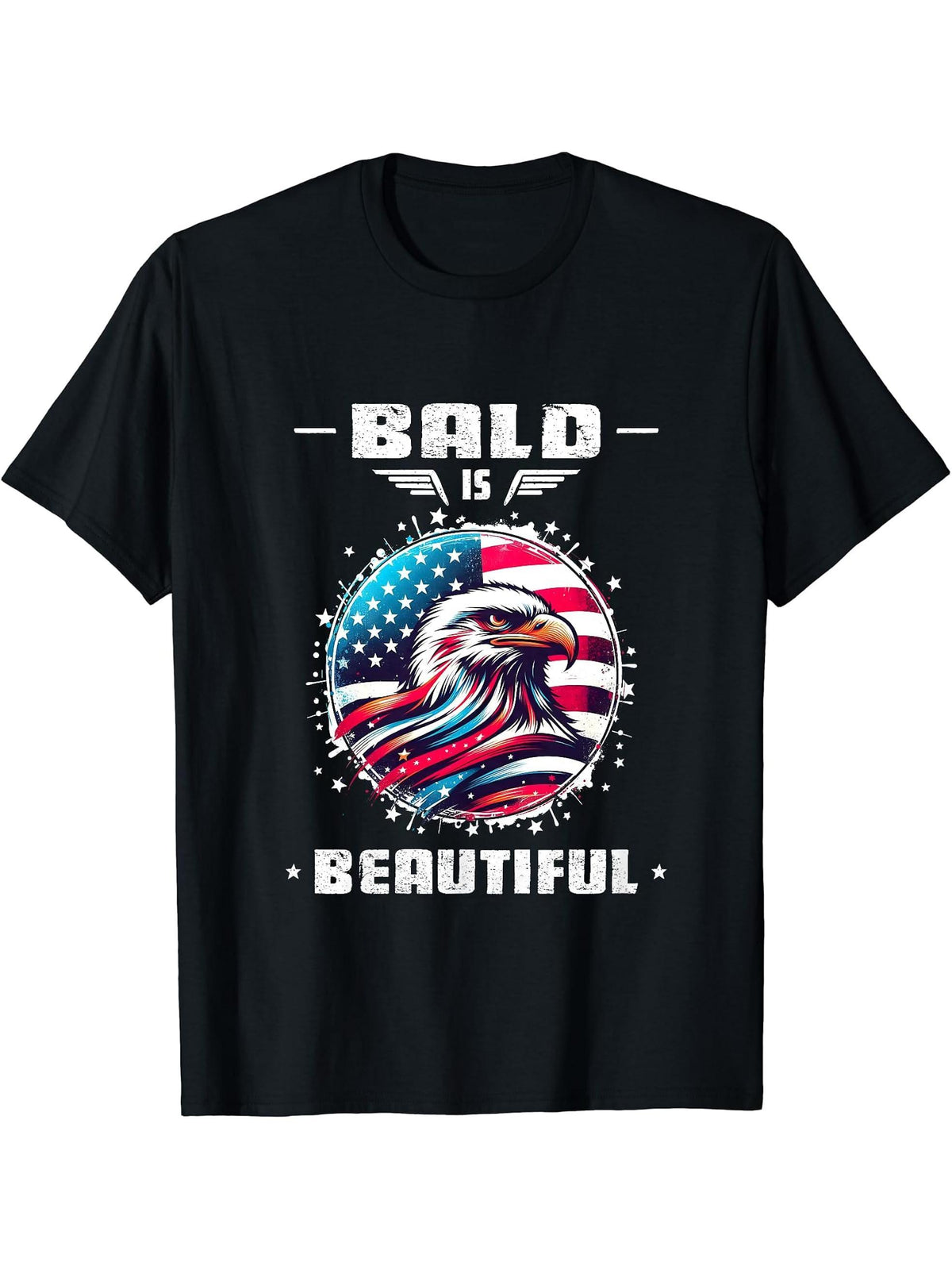 Bald Is Beautiful USA American Flag 4th of July Bald Eagle T-Shirt 180G 100% Cotton Printed Round Neck Short-Sleeve T-Shirt, Gifts for Men Dad Husband Grandpa, S-XXXL, Black