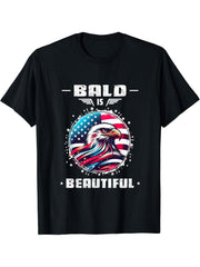 Bald Is Beautiful USA American Flag 4th of July Bald Eagle T-Shirt 180G 100% Cotton Printed Round Neck Short-Sleeve T-Shirt, Gifts for Men Dad Husband Grandpa, S-XXXL, Black