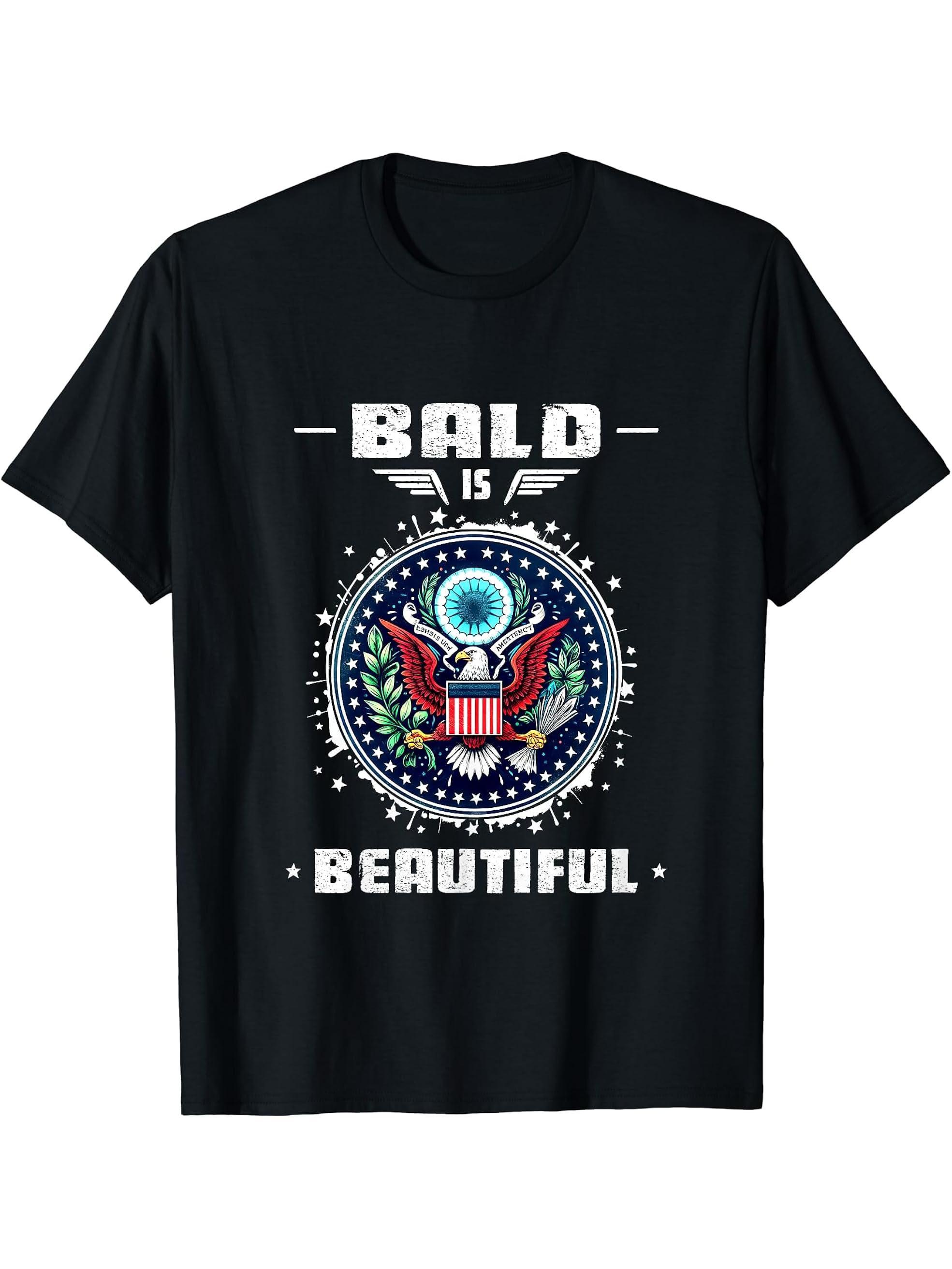 Bald Is Beautiful USA Patriotic Shirt 4th of July Bald Eagle T-Shirt 180G 100% Cotton Printed Round Neck Short-Sleeve T-Shirt, Gifts for Men Dad Husband Grandpa, S-XXXL, Black