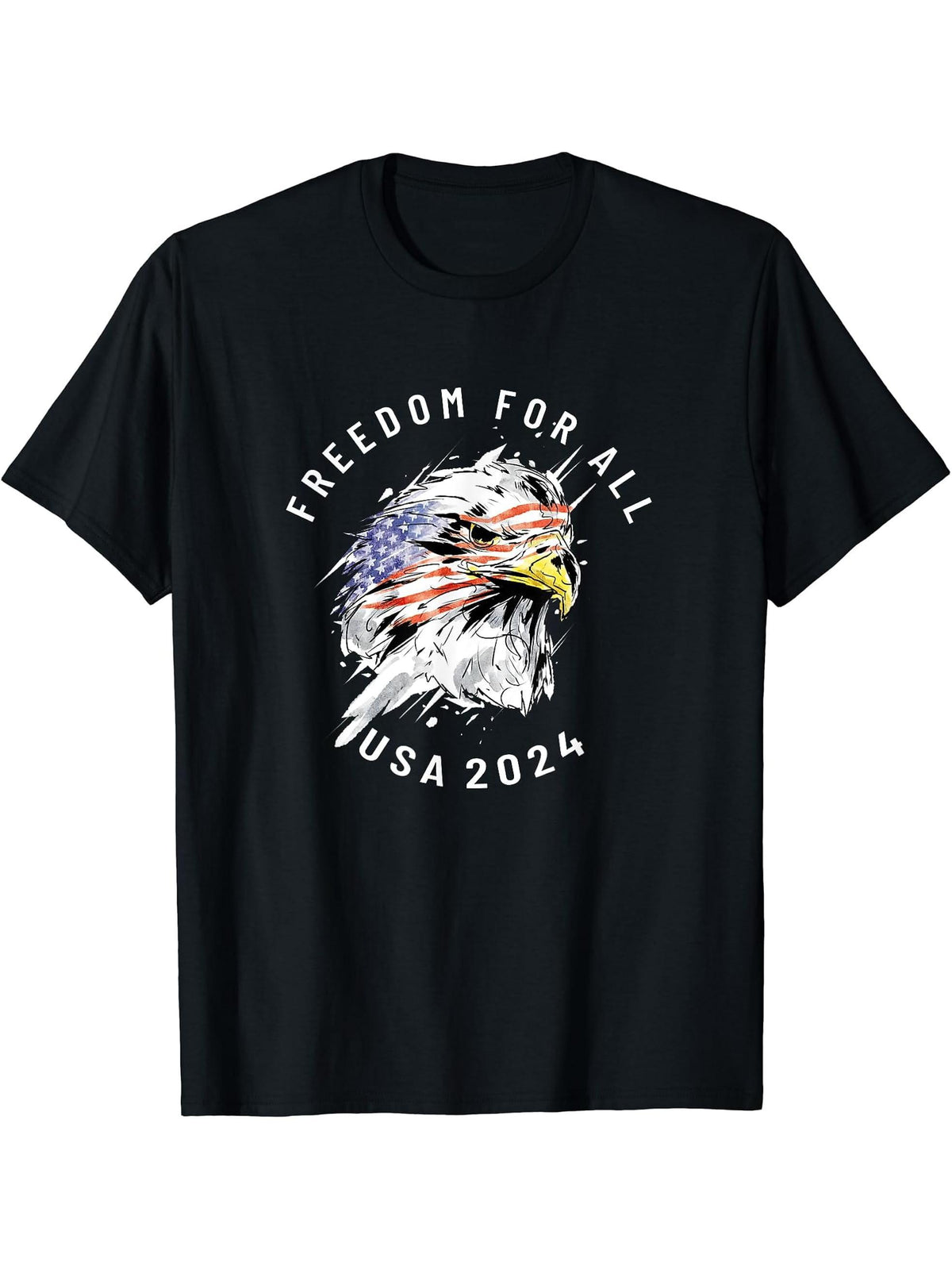Freedom For All USA 2024 American Bald Eagle US Flag Art T-Shirt 180G 100% Cotton Printed Round Neck Short-Sleeve T-Shirt, Gifts for Men Dad Husband Grandpa, S-XXXL, Black