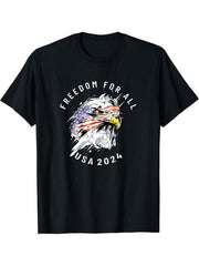 Freedom For All USA 2024 American Bald Eagle US Flag Art T-Shirt 180G 100% Cotton Printed Round Neck Short-Sleeve T-Shirt, Gifts for Men Dad Husband Grandpa, S-XXXL, Black