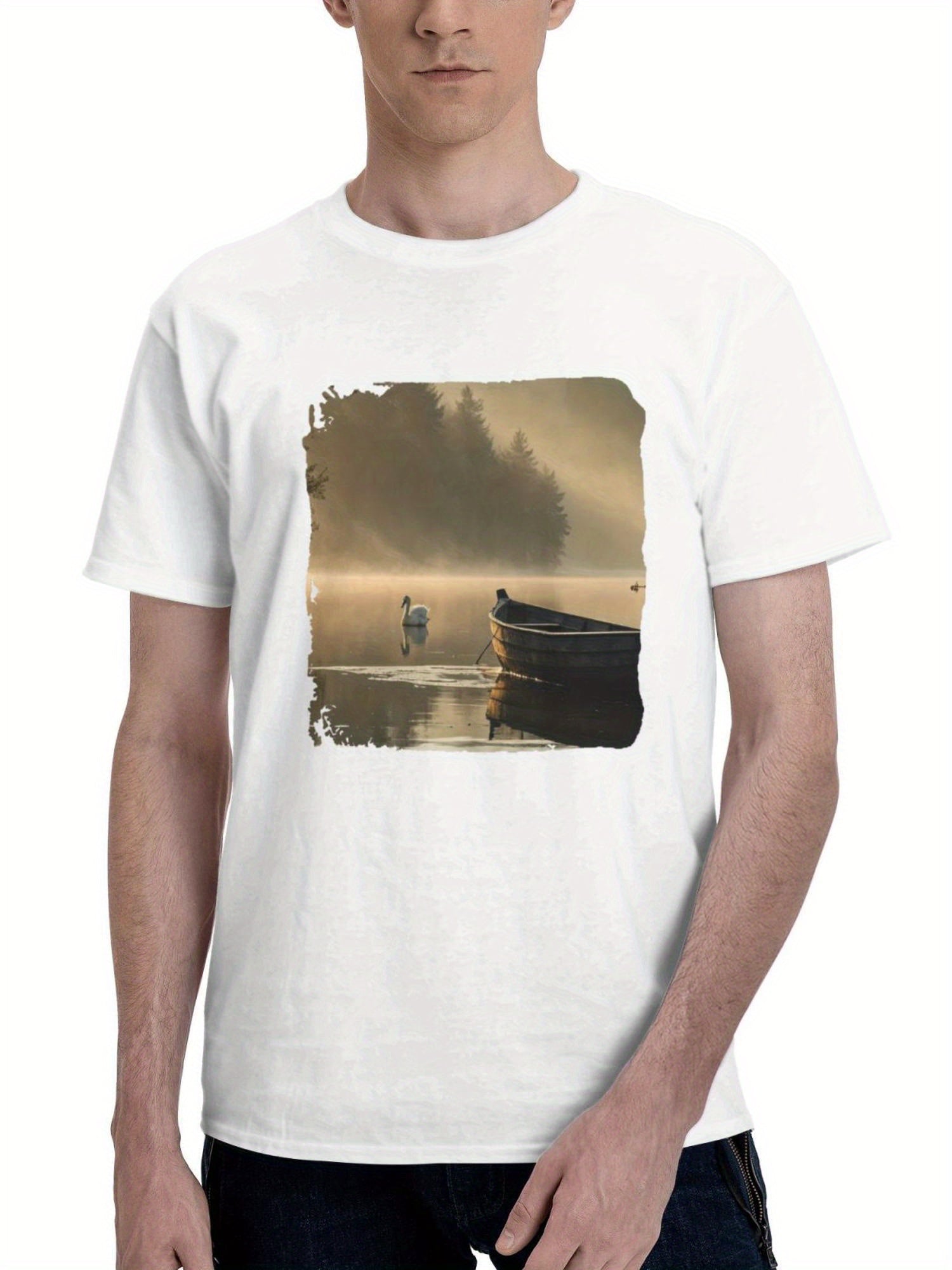 Boat And Duck In The Calm Of Dawn 180G 100% Cotton Printed Round Neck Short-Sleeve T-Shirt, Gifts for Men Dad Husband Grandpa, S-XXXL, White