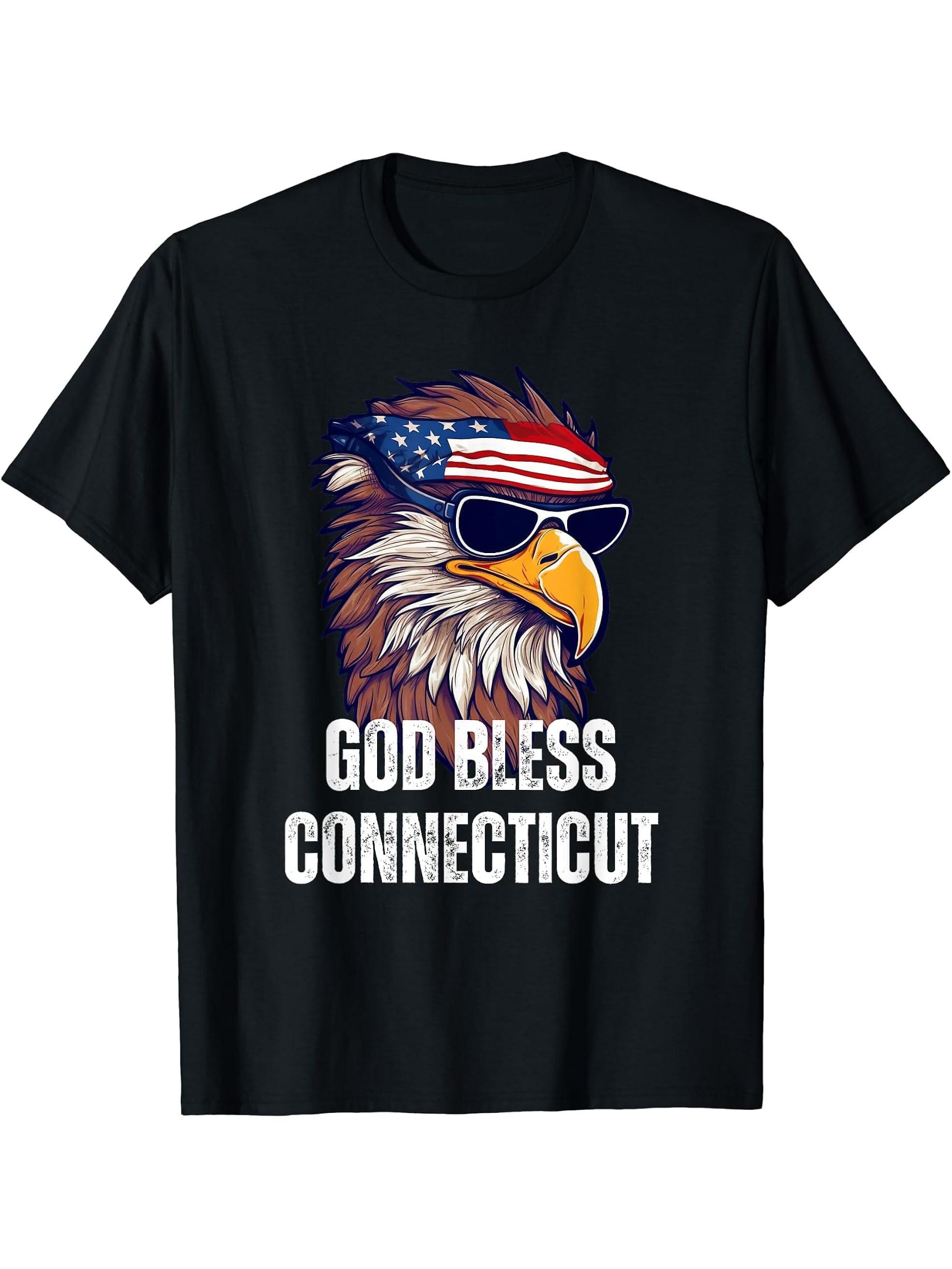 God Bless Connecticut - Patriotic Bald Eagle American Flag T-Shirt 180G 100% Cotton Printed Round Neck Short-Sleeve T-Shirt, Gifts for Men Dad Husband Grandpa, S-XXXL, Black