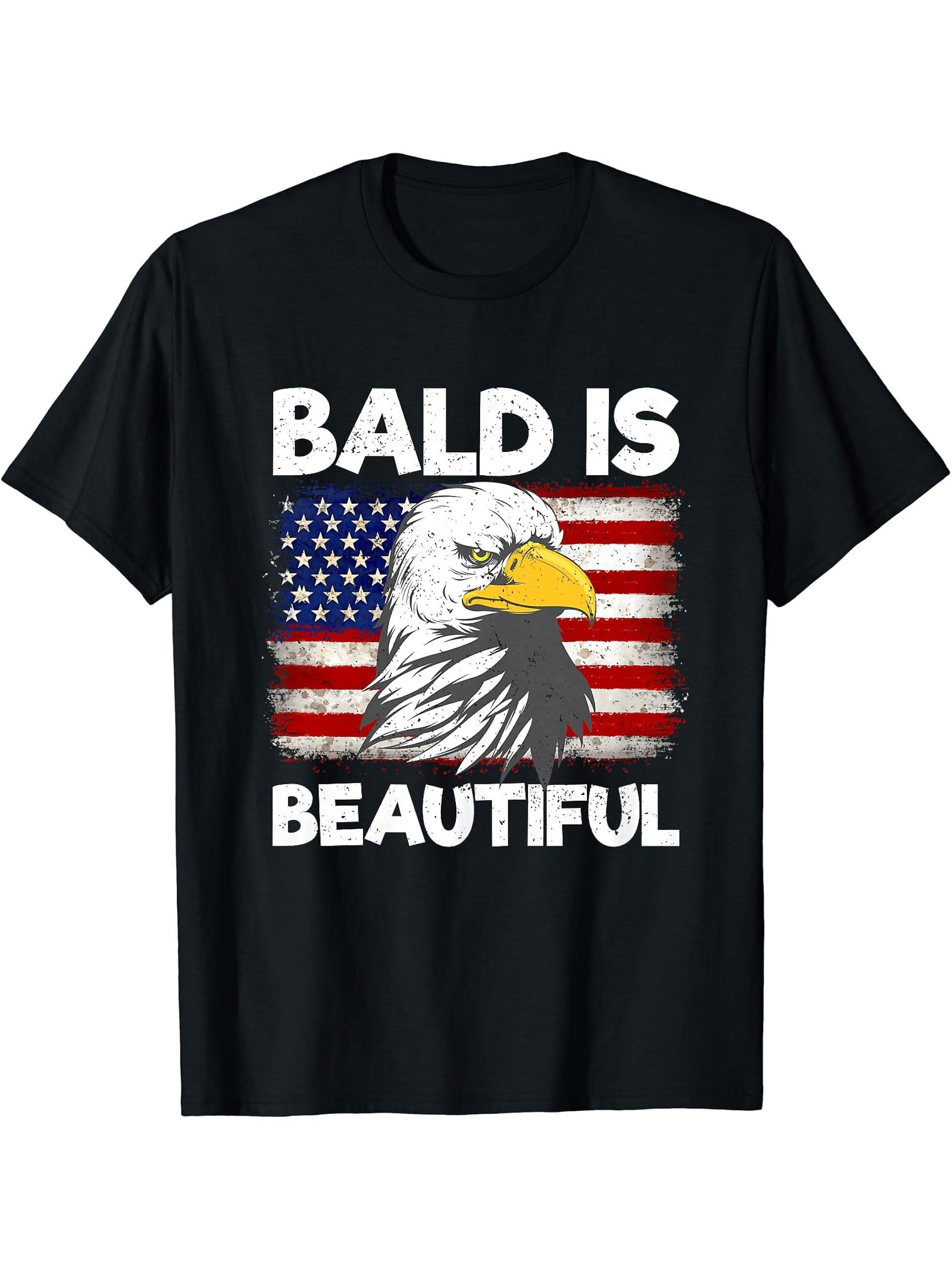 Bald Is Beautiful 4th of July Funny Bald Eagle American Flag T-Shirt 180G 100% Cotton Printed Round Neck Short-Sleeve T-Shirt, Gifts for Men Dad Husband Grandpa, S-XXXL, Black