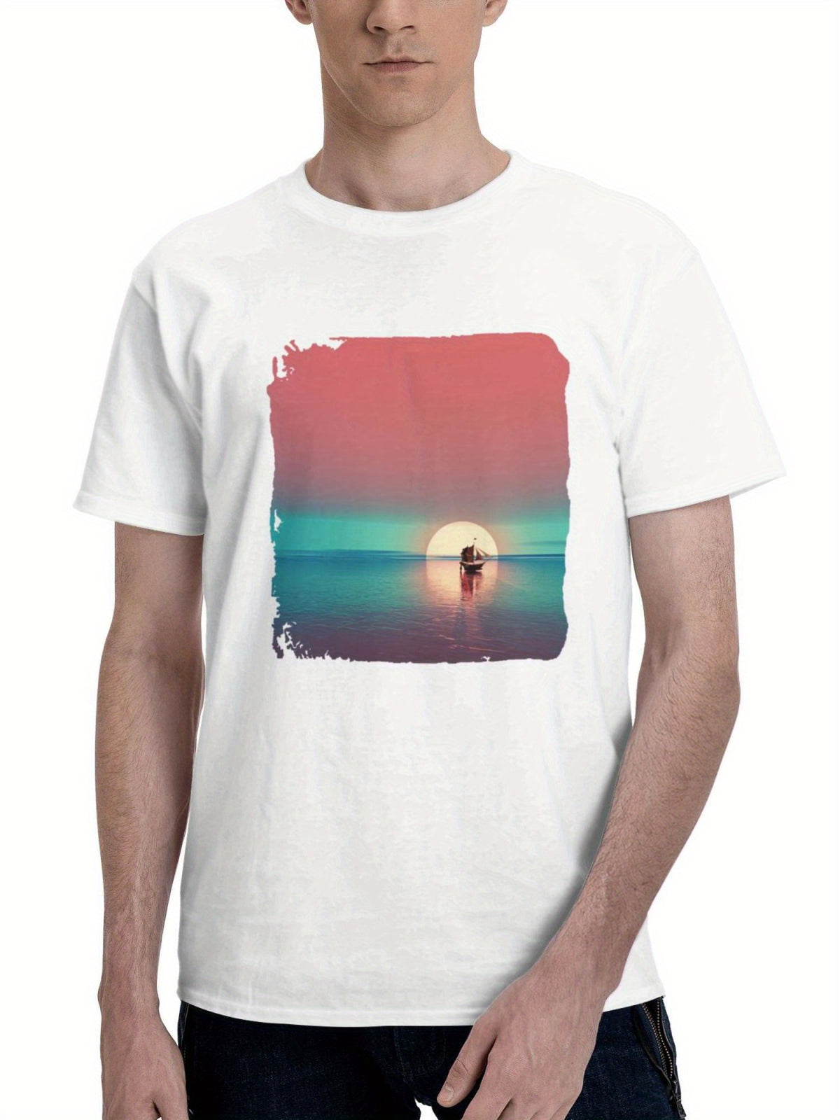 Boat Relax Minimal Sunset 180G 100% Cotton Printed Round Neck Short-Sleeve T-Shirt, Gifts for Men Dad Husband Grandpa, S-XXXL, White