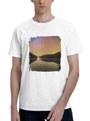 Boat Sitting On Top Of A Lake Under A Night Sky 180G 100% Cotton Printed Round Neck Short-Sleeve T-Shirt, Gifts for Men Dad Husband Grandpa, S-XXXL, White